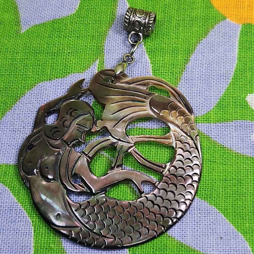 Vintage 90s Handmade Mother Of Pearl Mermaid Sterling Silver Pendant